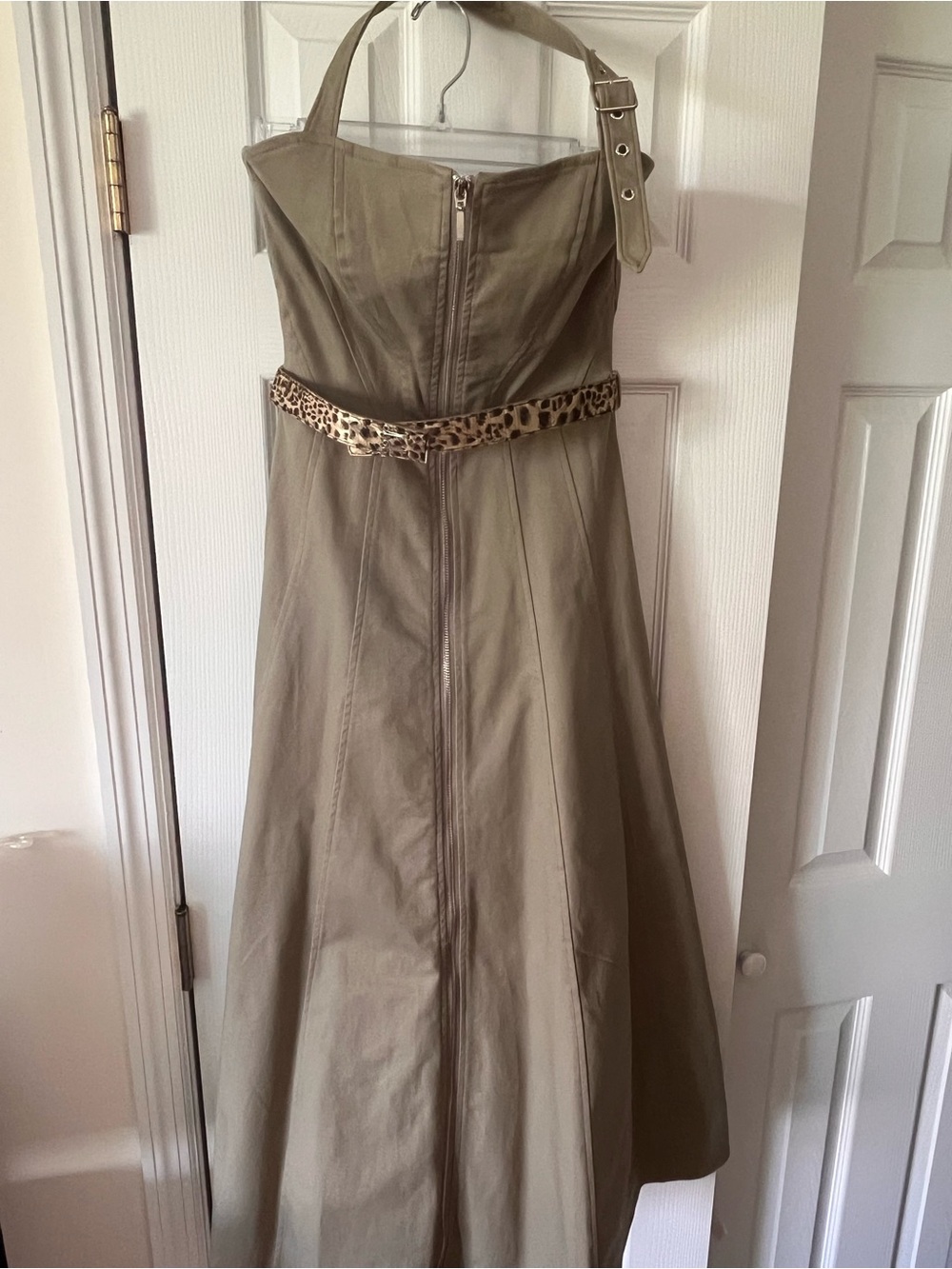 NICHOLAS Olive Strapless A-Line Dress with Leopard Belt
